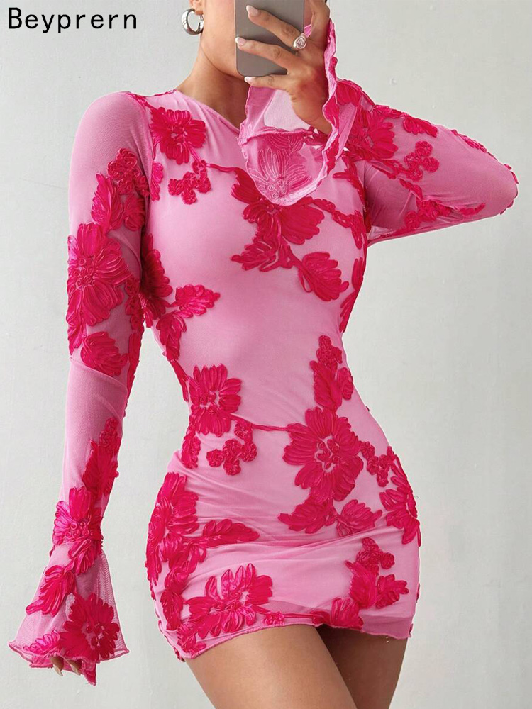 Summer Zara - Beyprern Glam-Vestido corto de malla Floral
